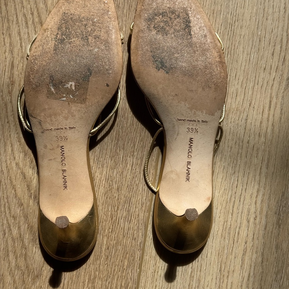 Manolo Blahnik Metallic Gold Strappy Kitten Heel Sandals - Picture 11 of 12